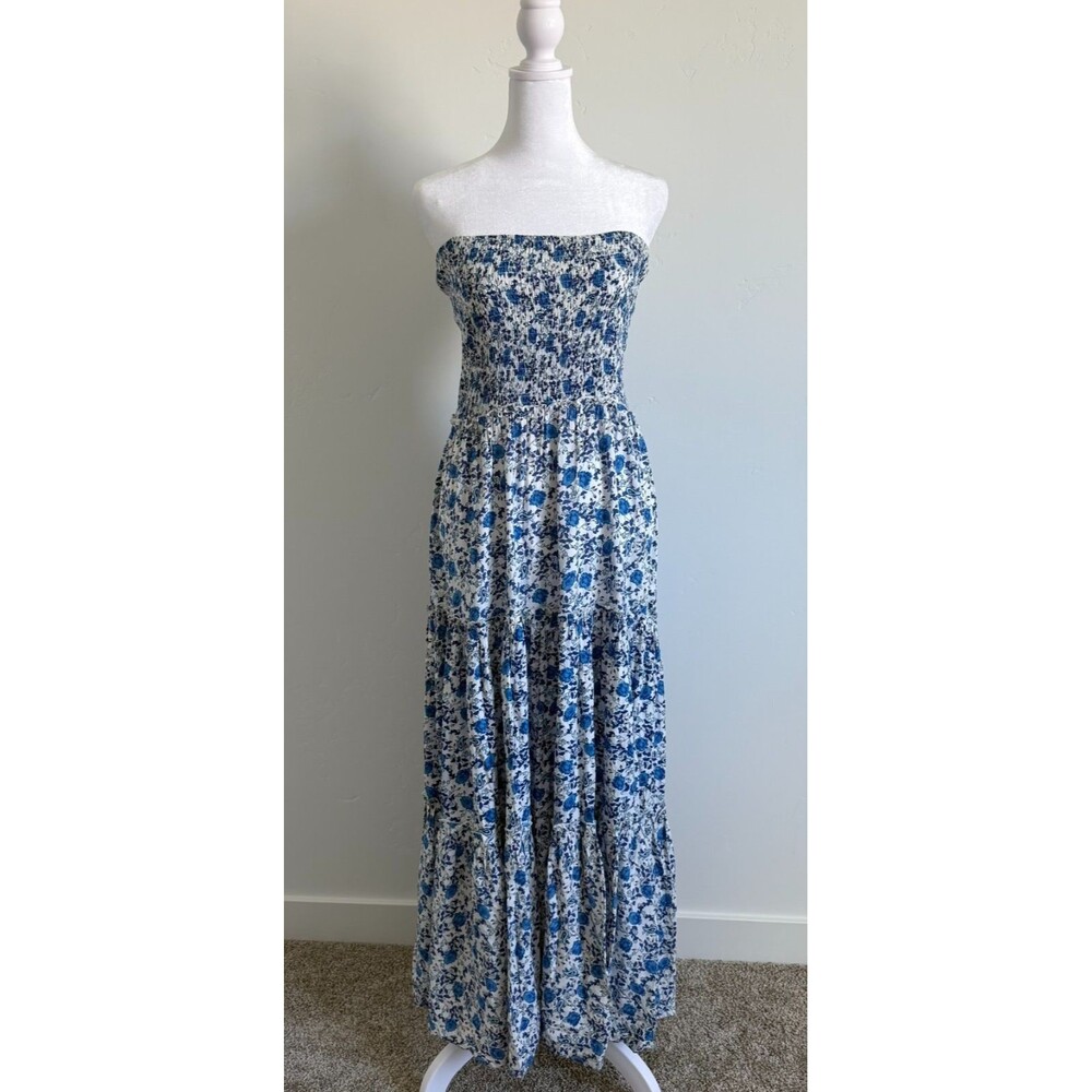 Strapless Blue Floral Smocked Maxi Dress